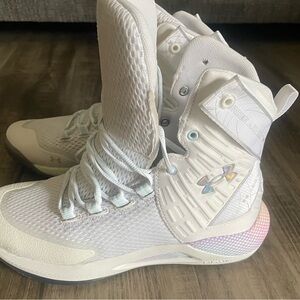 Size 8 White with fluorescent rainbow colors on the sole